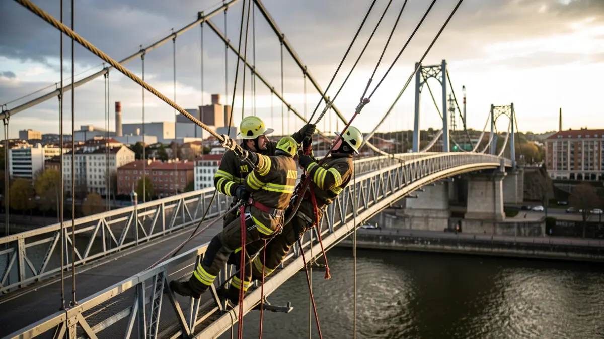 Generic image: Firefighters performing rescue maneuvers near a suspension bridge.