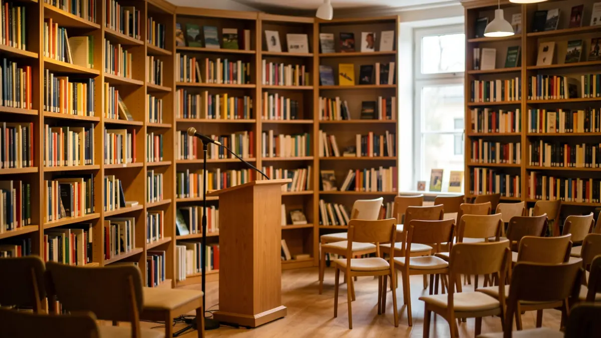 Generic image of a library with books, a microphone, and chairs.