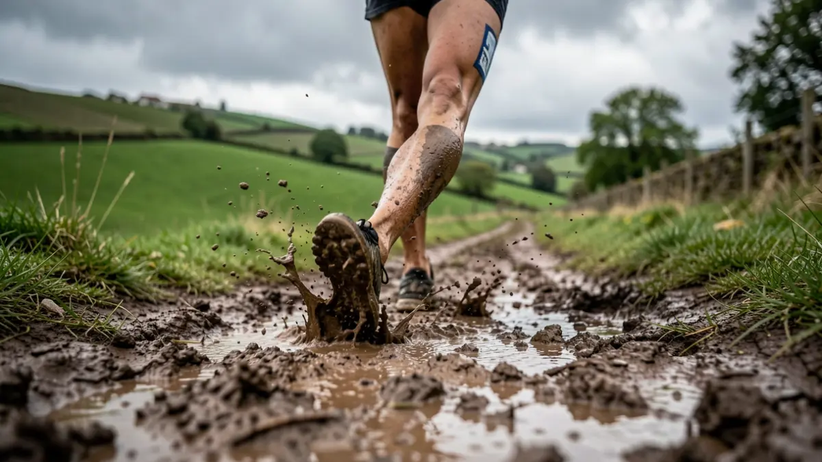 Runner's feet on a muddy trail in the Basque Country.
