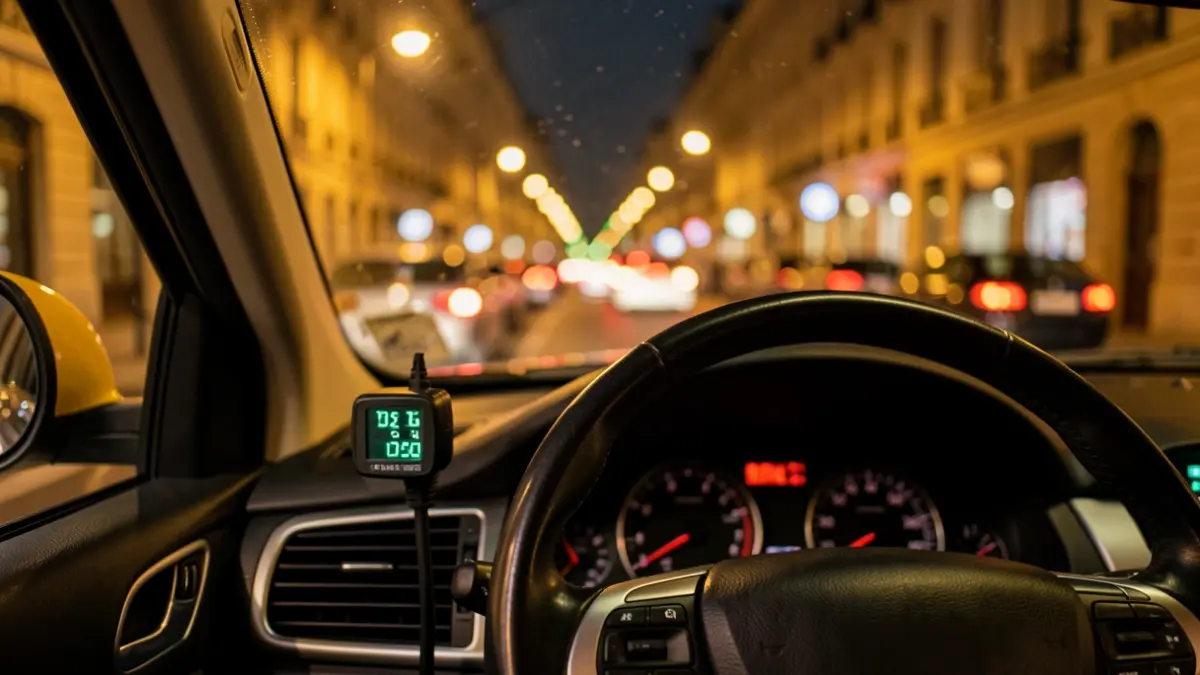 Irudi generikoa: taxi baten barrualdea gauean, argi beroekin.