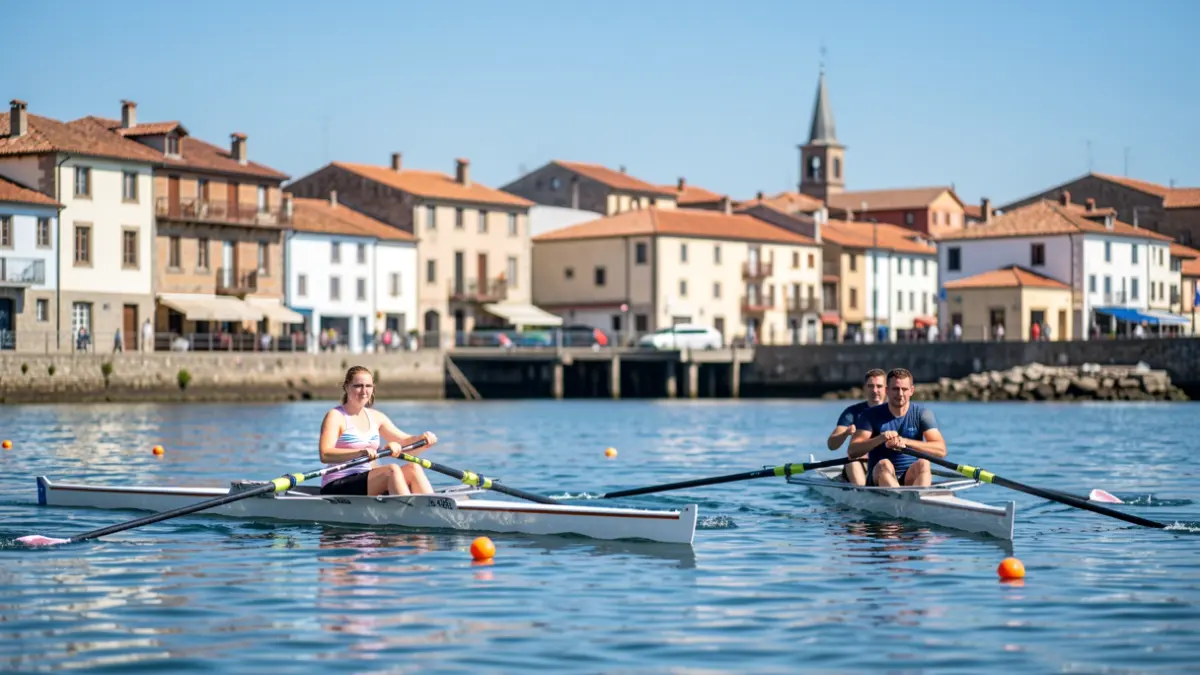 Two rowing boats, one with female rowers and one with male rowers, on the water near a Basque town with traditional architecture, clear blue sky, bright daylight.