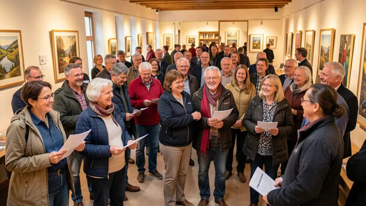 Generic image: A group of people gathered in a cultural center in Euskadi, some holding papers and smiling, others listening attentively, warm interior lighting, documentary style.