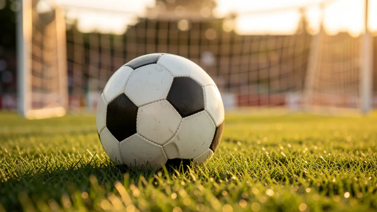 Futbol-pilota bat belar gainean, atzealdean atearen sarea lausotuta duela.