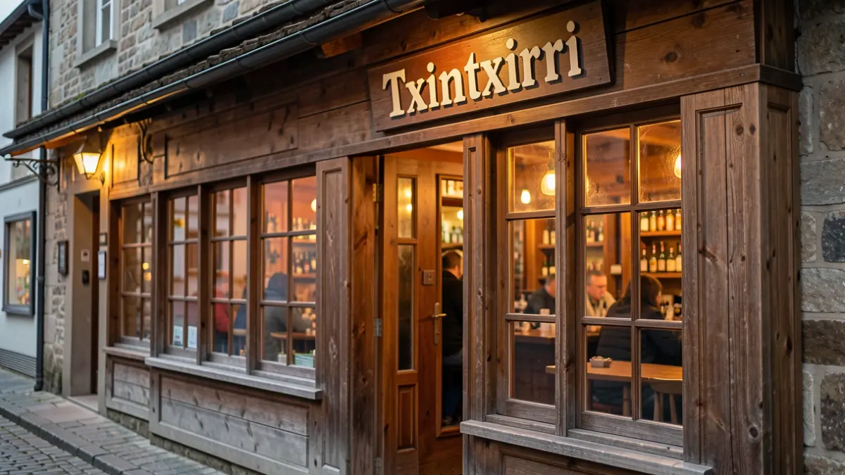 Imagen genérica: Exterior de un bar tradicional vasco con fachada de madera y un letrero llamado 'Txintxirri'.