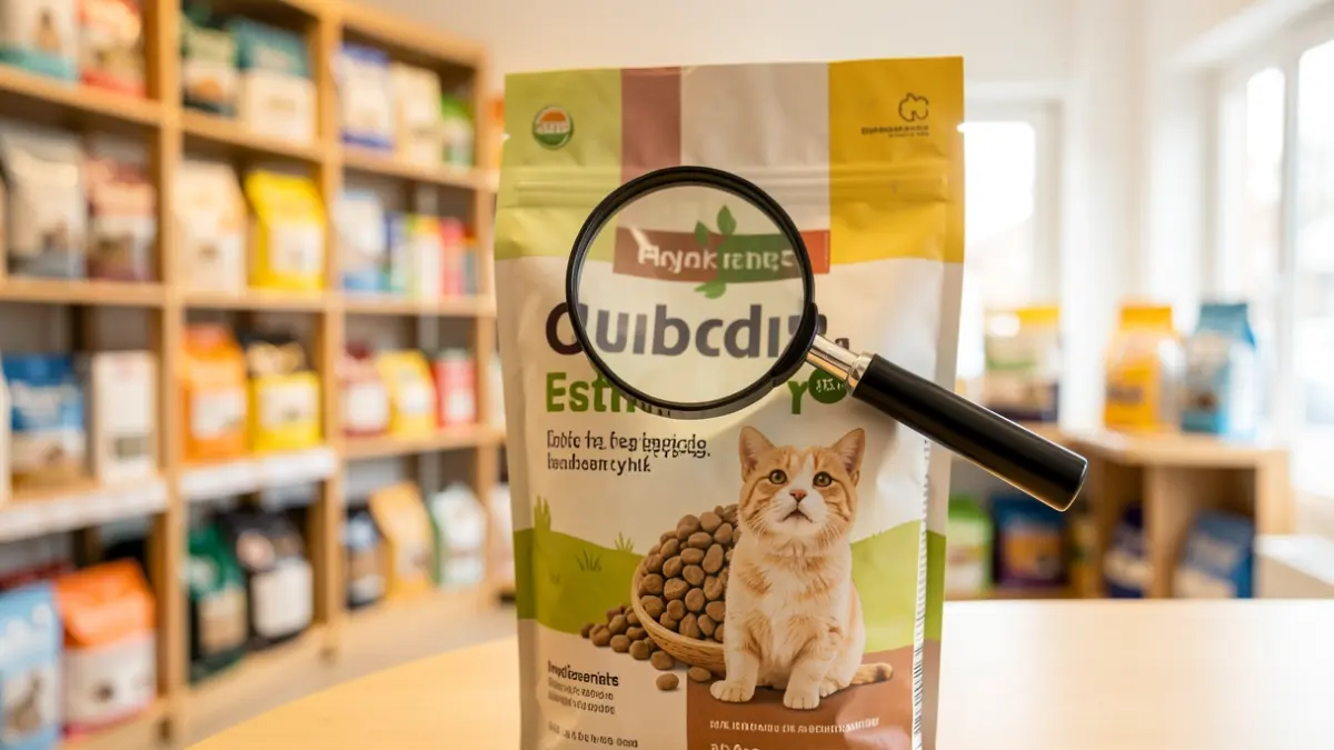 Generic image of a pet food bag and a magnifying glass examining its ingredients.