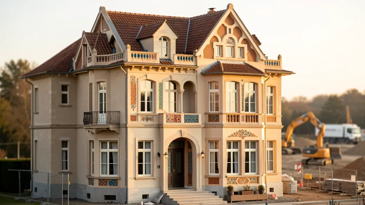 Fachada de una villa histórica con detalles arquitectónicos eclécticos, en medio de obras de construcción.