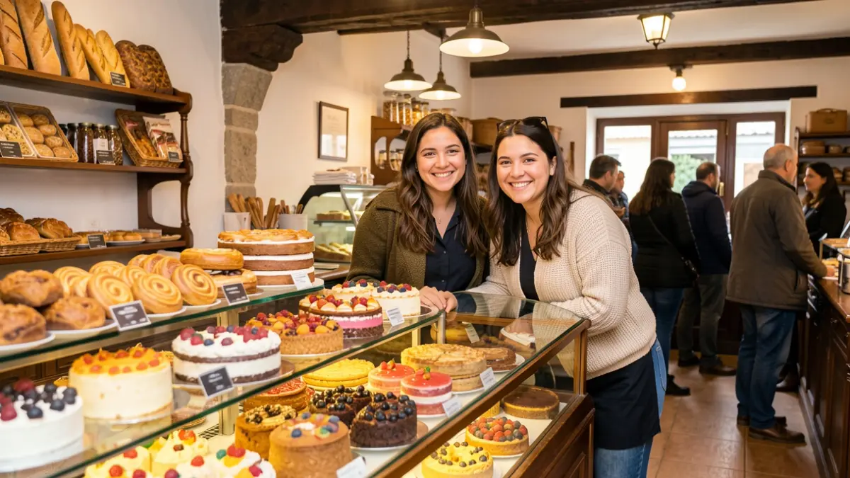 Generic image: Two young Colombian women smiling warmly behind a counter filled with colorful pastries and cakes in a cozy bakery in Tolosa.