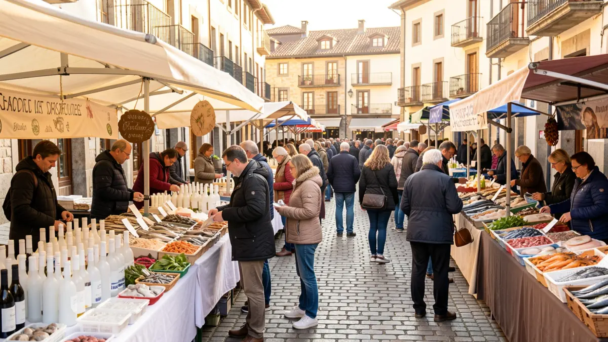 Generic image: A lively market in a Basque town square, showcasing stalls with white wine bottles and seafood products.