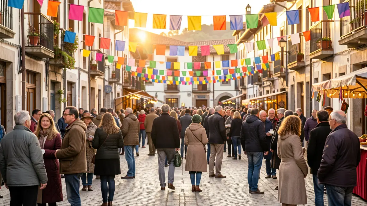 Generic image of a festive street scene with colorful banners and blurred crowds in the background.