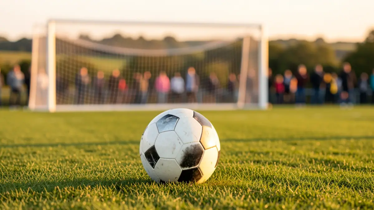 Close-up of a football field with a blurred white goal net.
