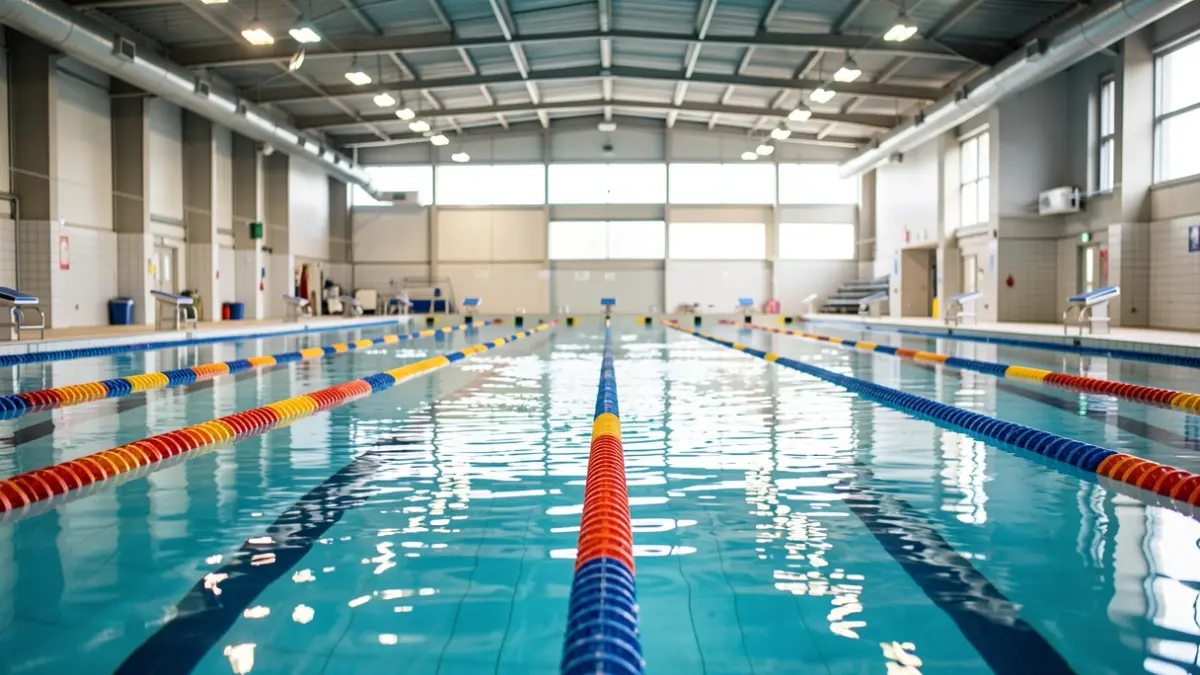 An empty swimming pool with competition lights on.