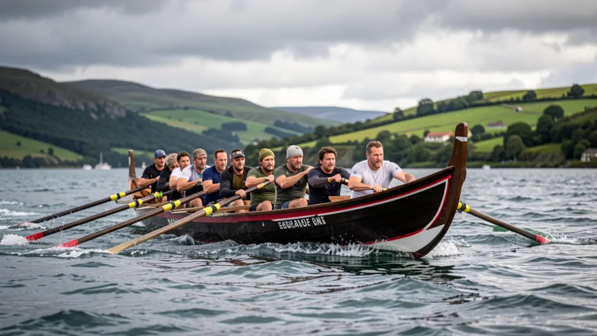 The Tolosaldea rowing team in action on the water, with the Basque Country landscape in the background.