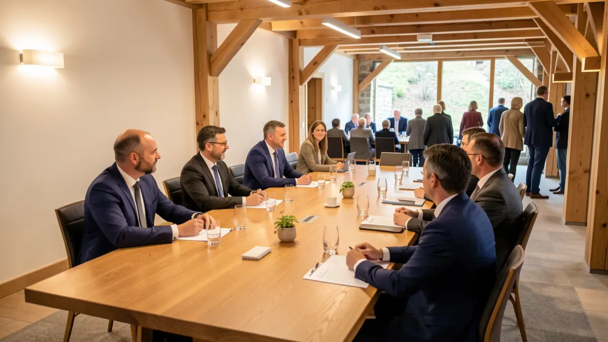 Una sala de reuniones en el País Vasco, con una mesa larga y sillas.