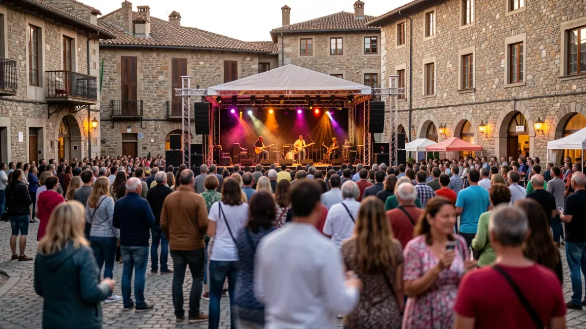 Irudi generikoa: Euskal Herriko plaza batean aire zabaleko musika jaialdi bizi bat, eszenatokia jarrita eta ikusle talde lausoak emanaldiaz gozatzen. Argi beroa, atzealdean harrizko arkitektura tradizionala.