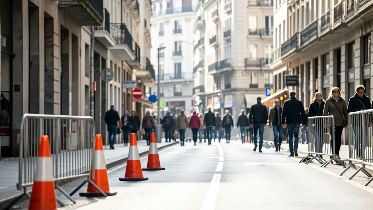 Generic image: an urban street closed to traffic with cones and metal barriers.
