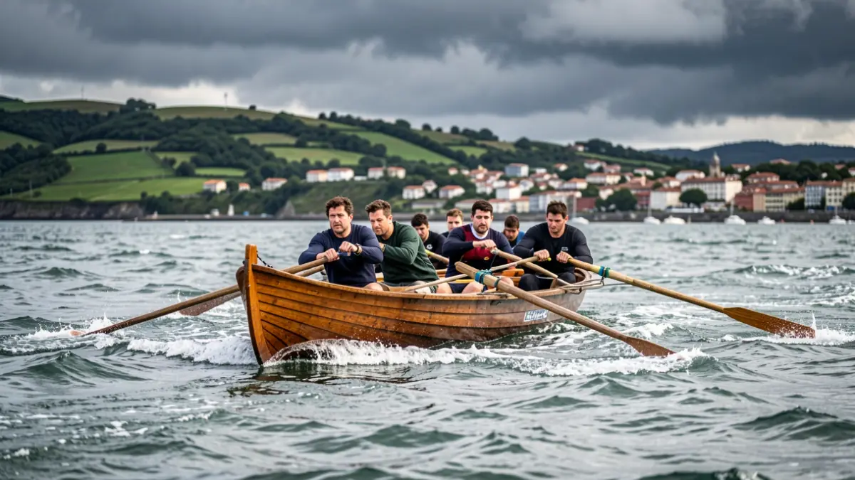 Traineru on the water, rowers at work, coastal town and mountains in the background.