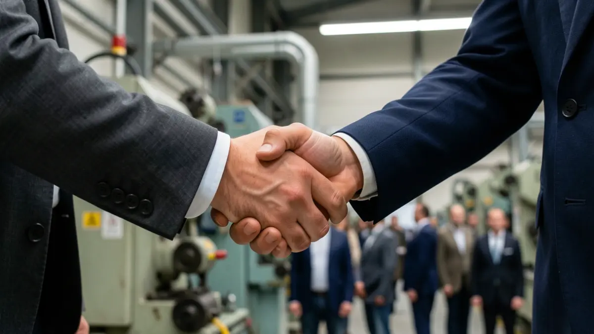 Imagen genérica: apretón de manos entre dos personas, con maquinaria industrial borrosa al fondo.