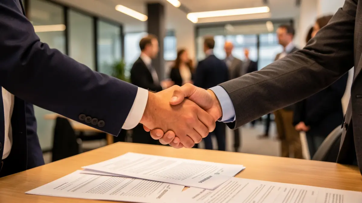 Close-up of a handshake between two people in business attire, symbolizing an agreement.