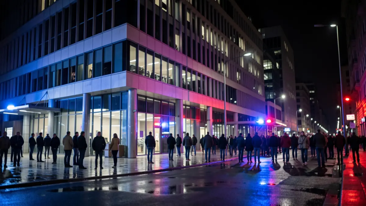Generic image: Exterior of an office building in Bilbao, with blurred red and blue emergency lights reflecting on the wet pavement at night.