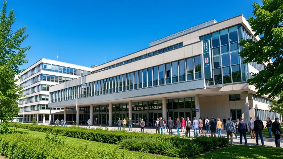 Generic image: Modern facade of the Basque Government's Police and Emergency Academy, with a clear blue sky and green surroundings.