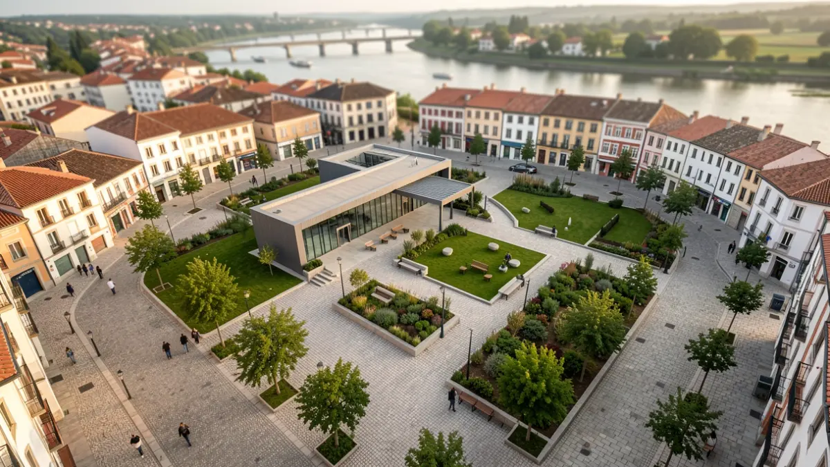 Generic image of a town square with modern architecture and a river.