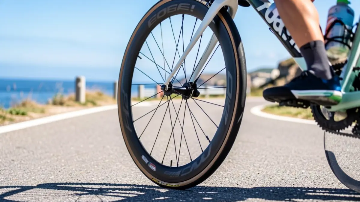 Imagen genérica de la rueda de una bicicleta de competición en la carretera.