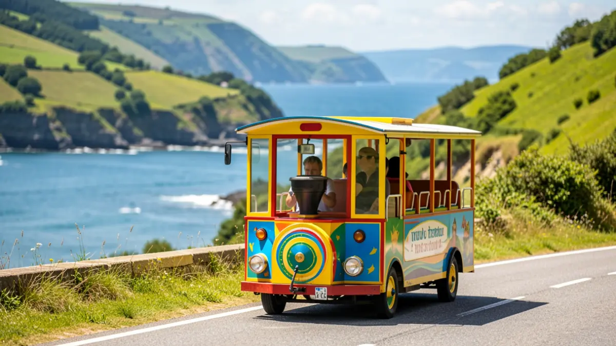 Imagen genérica: Un tren turístico 'txu-txu' circula por una carretera costera del País Vasco en un día soleado de verano.