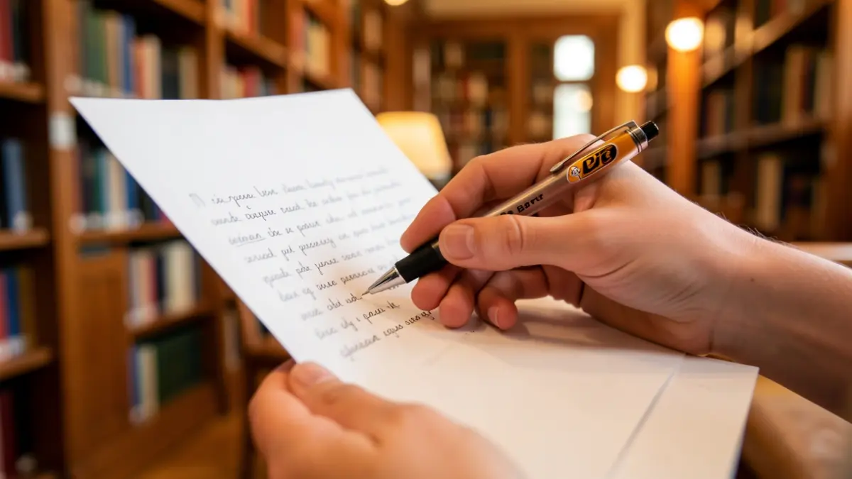 Close-up of a student's hand with a Bic pen and microscopic notes on folded paper, on a library table with blurred bookshelves in the background.