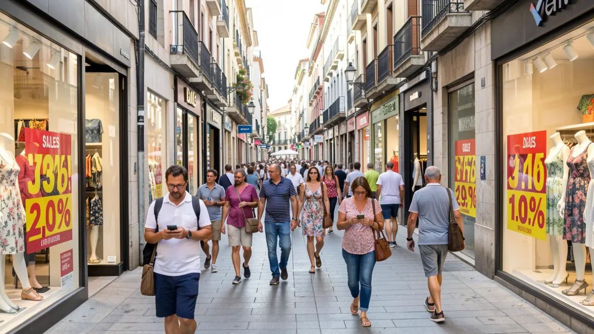 A bustling shopping street in Bilbao during summer sales, with shop windows displaying discounted items. People are browsing, some looking at their phones.