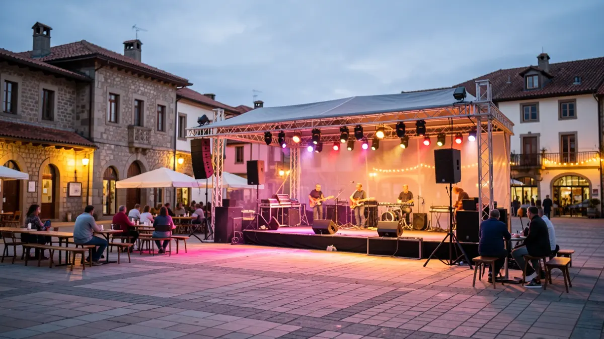 A plaza in a Basque coastal town at dusk, suggesting a cultural event.