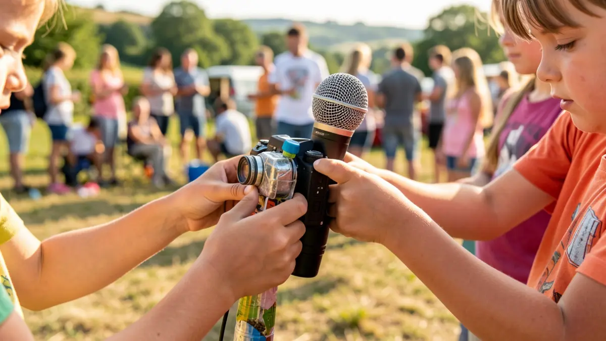 Children building microphones and cameras from recycled materials at a summer camp.
