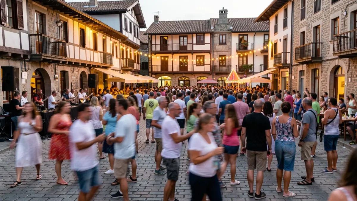Generic image: Summer festival atmosphere in a Basque Country square, with natural light and silhouettes of people.