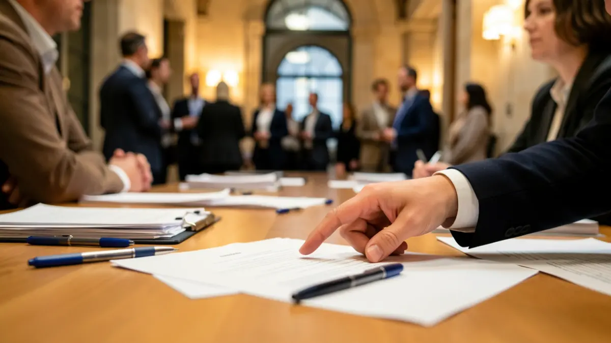 Primer plano de una mesa de negociación con documentos y bolígrafos dispersos, una mano señalando un papel, iluminación de oficina cálida, poca profundidad de campo, elementos arquitectónicos de Euskadi al fondo.