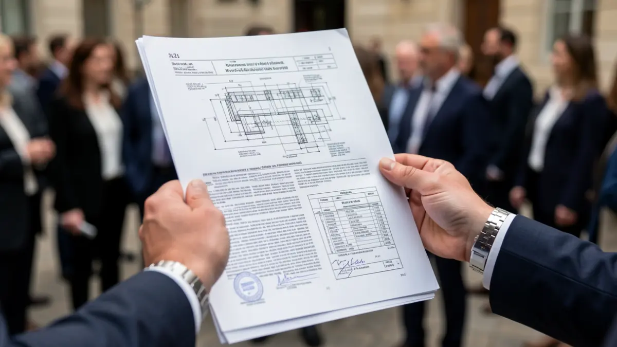 Imagen genérica: un documento de patente con intrincados dibujos técnicos y texto, sostenido por una mano con un reloj formal.