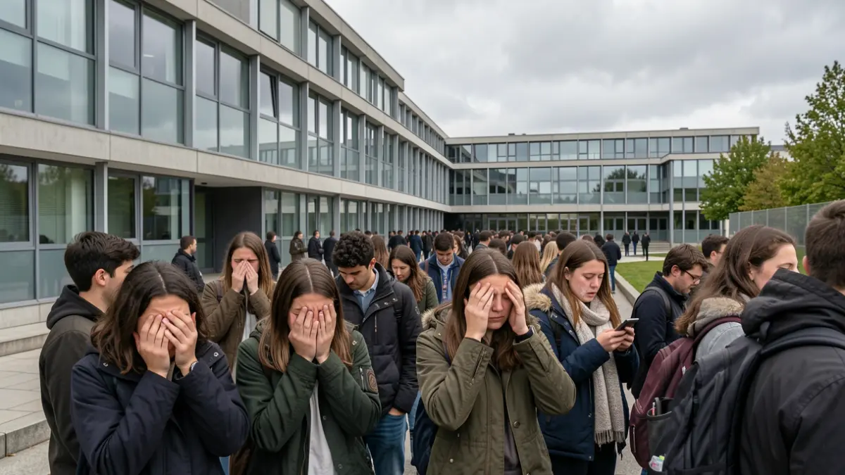 Frustrated and crying students outside a modern university building in Bizkaia, Spain, on a cloudy day.