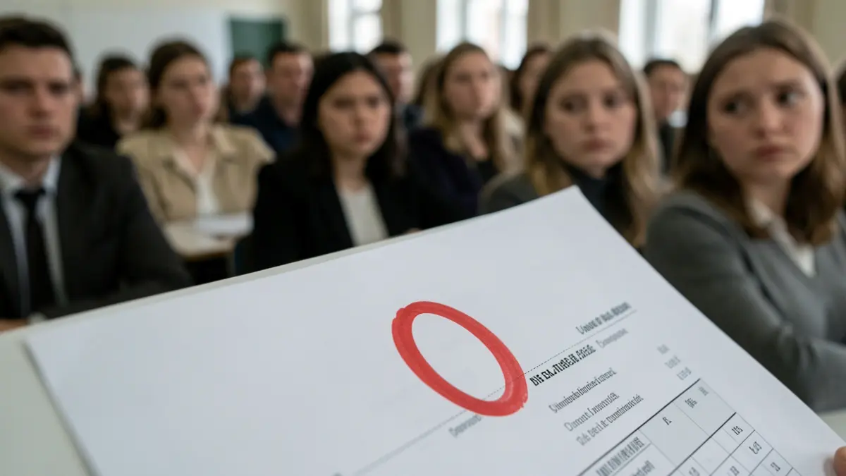 Imagen genérica: Un examen de acceso a la universidad con un cero marcado en rojo, fondo de aula con estudiantes preocupados.