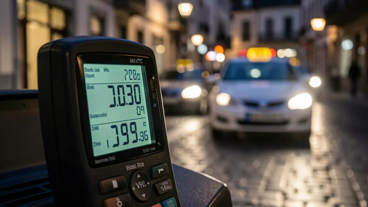Generic image of taxi and VTC lights on a night street.