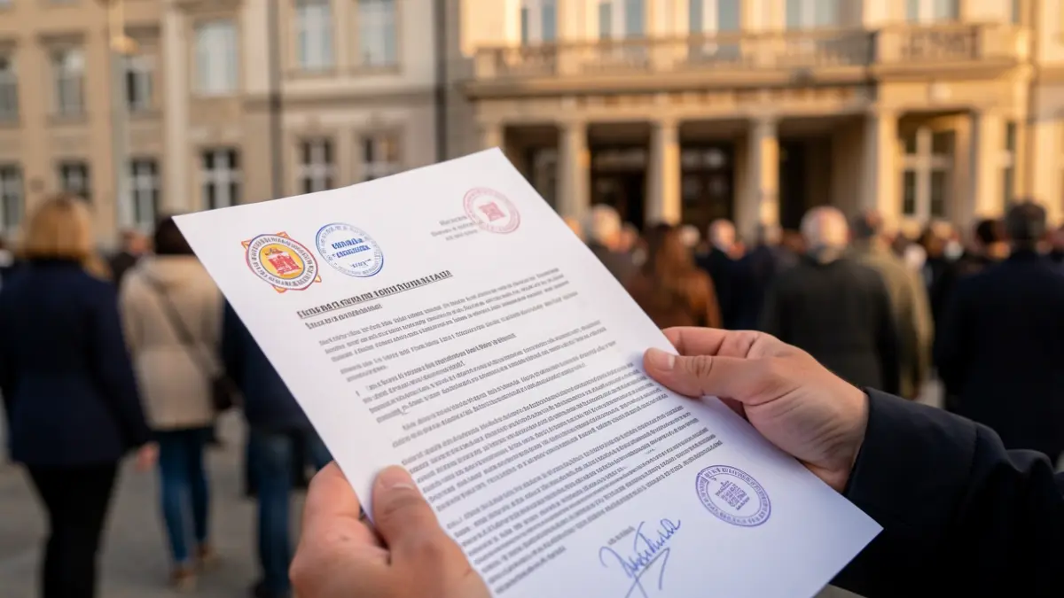 Generic image of a hand holding a document, blurred facade of an official building in Euskadi.