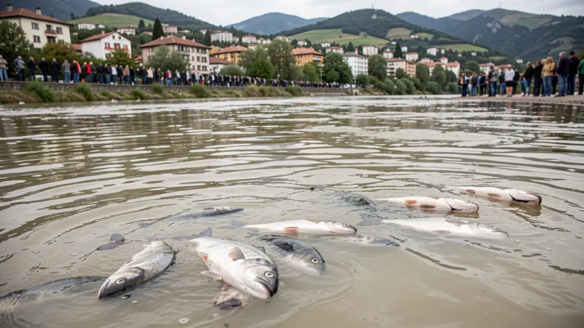 Dead fish in the Urola river passing through Urretxu and Zumarraga, with the urban landscape in the background.