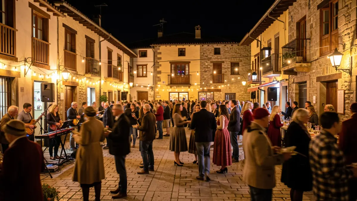 Imagen genérica: Ambiente festivo de medianoche en un pueblo del País Vasco, con luces cálidas y siluetas de gente.