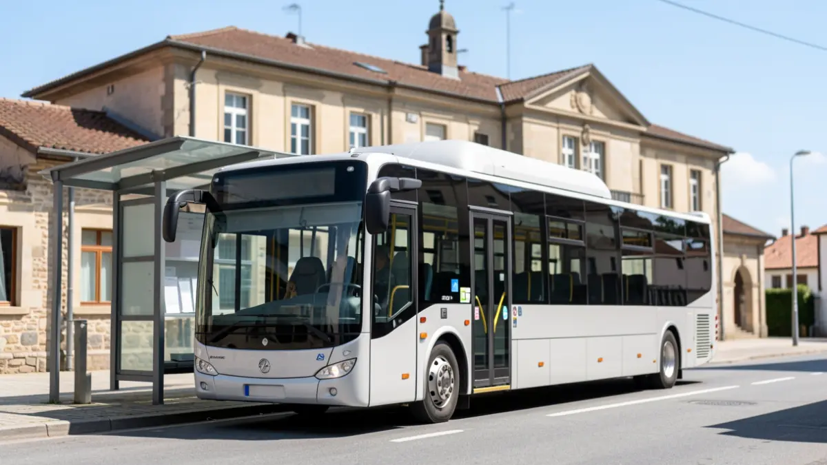 A bus at a stop in Legazpi or Urretxu, in front of a town hall or public building.