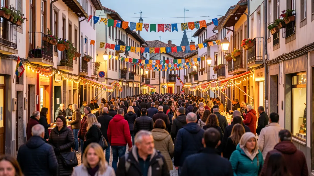 Imagen genérica de una escena callejera en un pueblo vasco durante una fiesta, con multitudes borrosas y decoraciones coloridas.