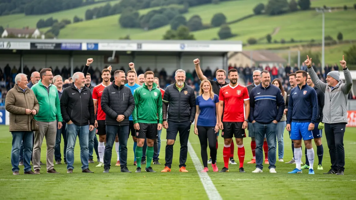 Generic image: Former football players gathered on the Usurbil pitch in a celebratory atmosphere.