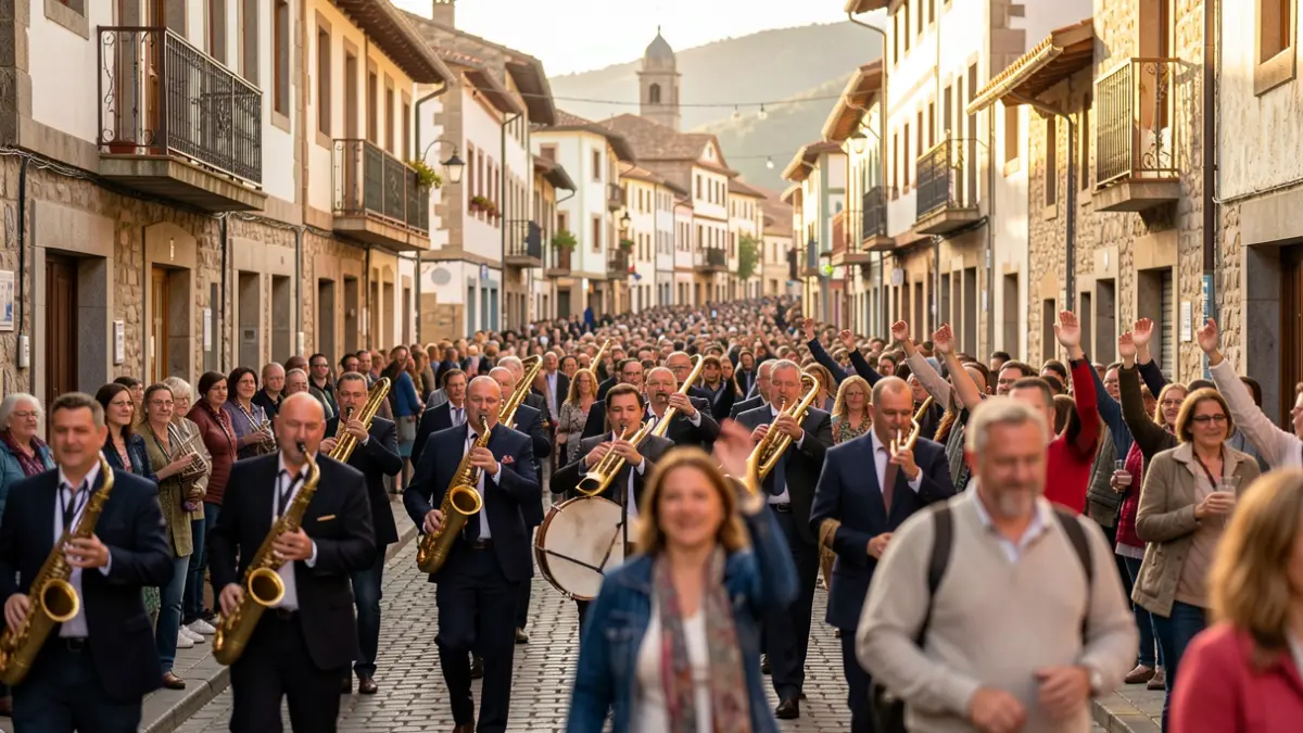 Irudi generikoa: Euskal Herriko kalejira musikatu bat, musikariak jotzen eta jendea ospatzen.