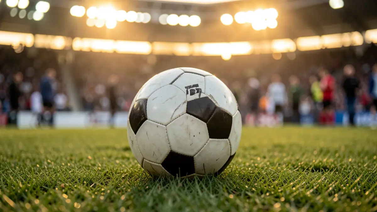 Futbol pilota bat belar gainean, estadioaren argiak atzealdean lausotuta.