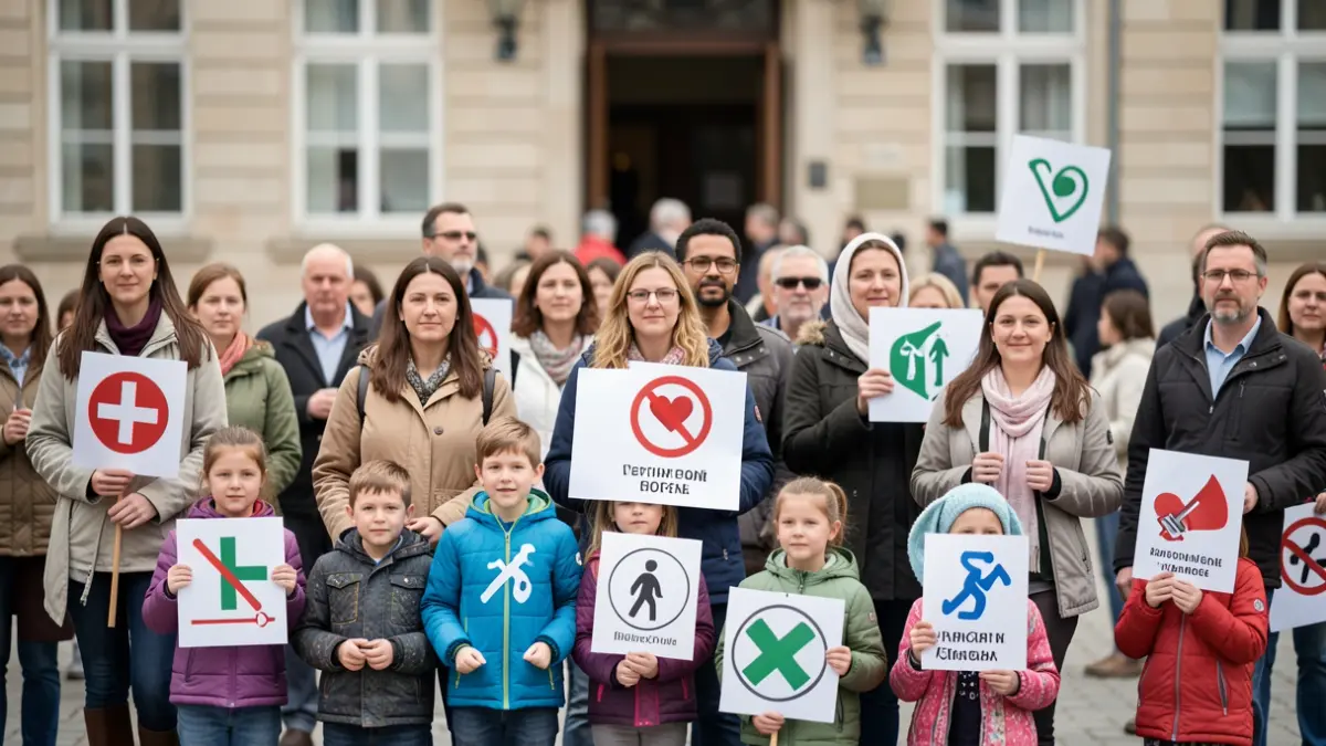 Group of parents and children in front of a building, with generic symbols of health and protest.