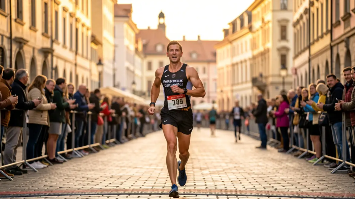 Imagen genérica de un triatleta cruzando la meta en una plaza urbana, con espectadores borrosos y edificios históricos al fondo.