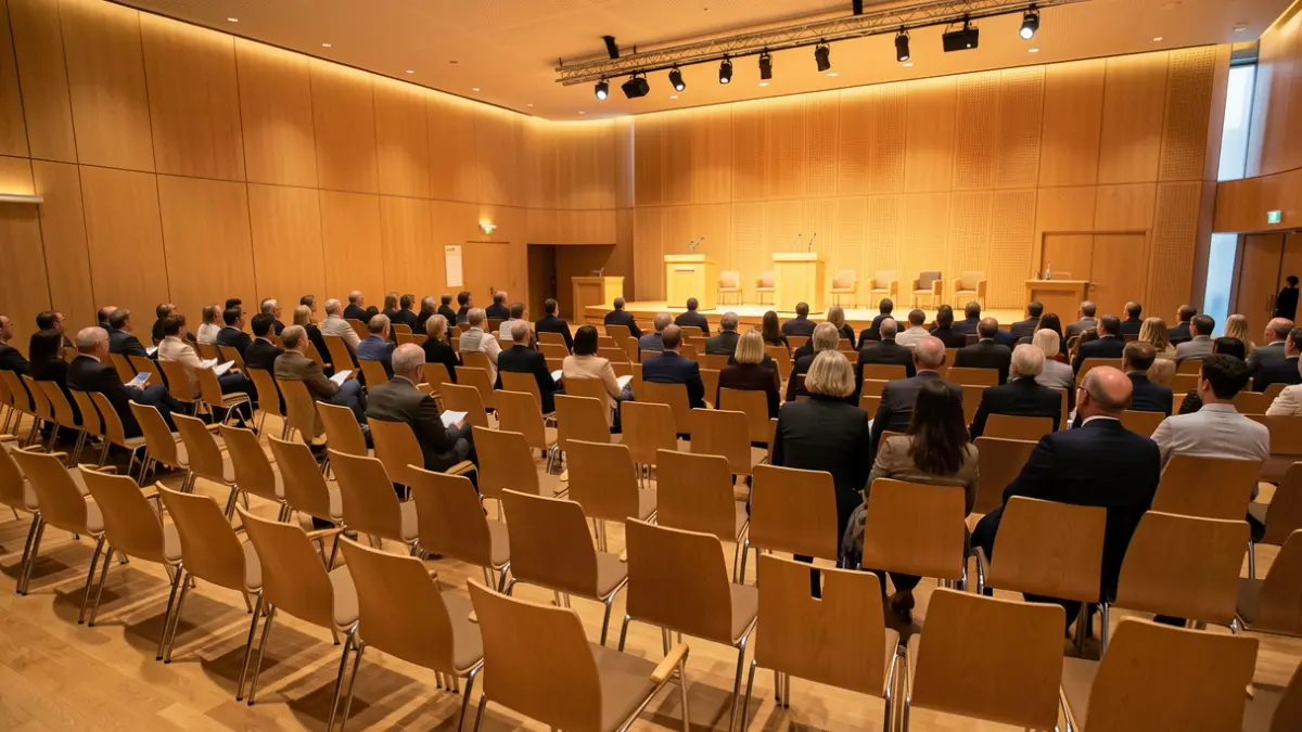 Generic image: Modern conference hall in Vitoria-Gasteiz, with empty chairs and a stage.