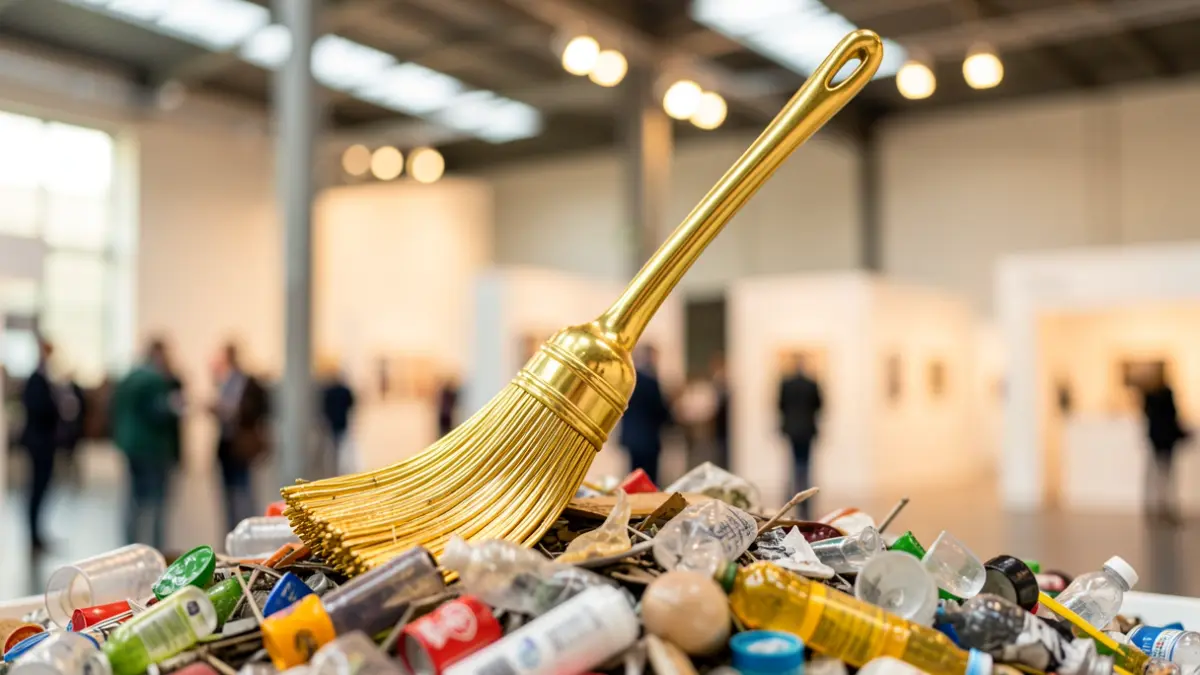 Primer plano de un trofeo de Escoba de Platino sobre materiales reciclados.