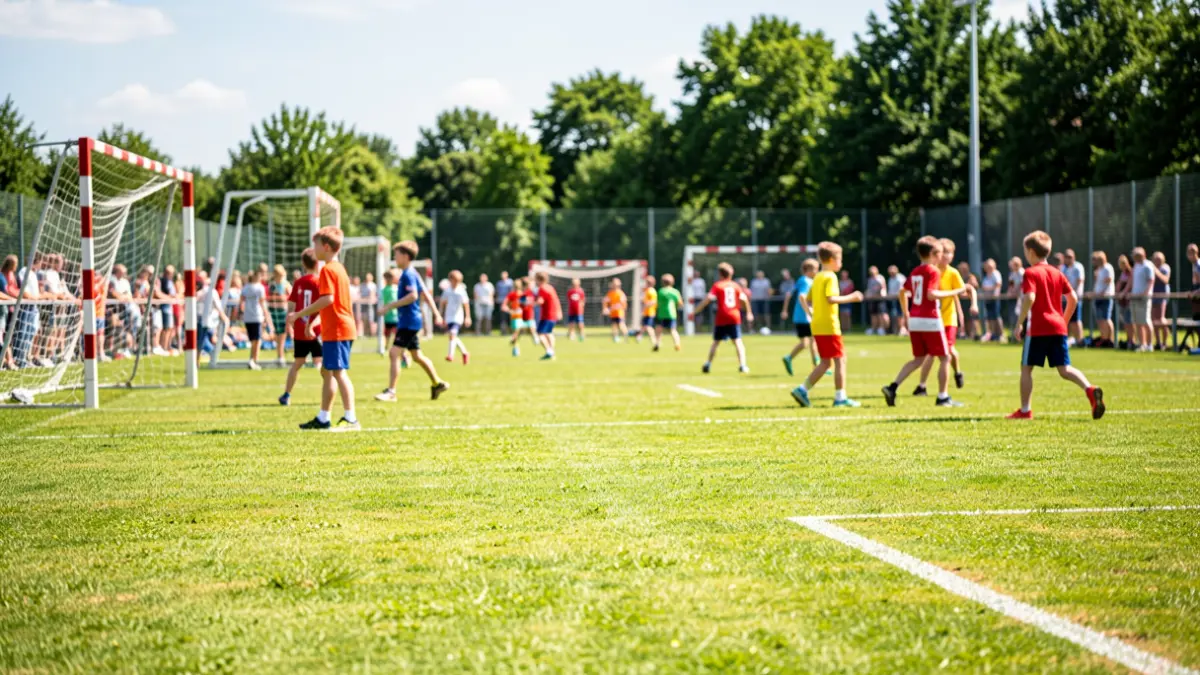 Campo de hierba con pistas de balonmano, niños jugando al fondo.